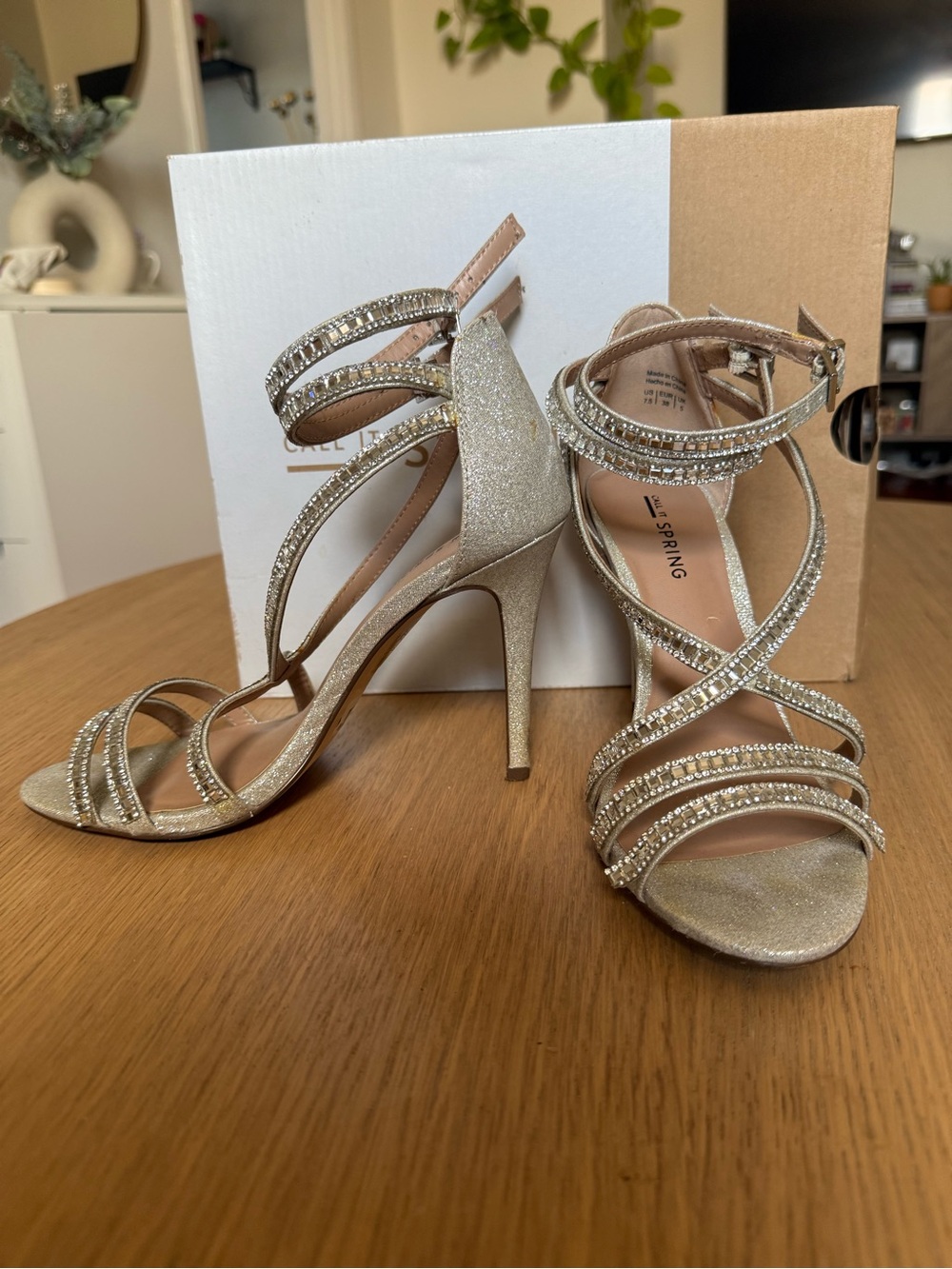 Call It Spring silver Glitter Strappy Heels with Crystal Accents